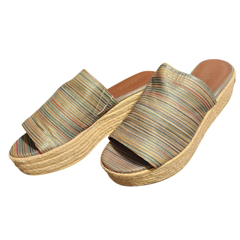 Vince Solana Gold Metallic Multi Striped Espadrille Platform Slide Sandals 5.5